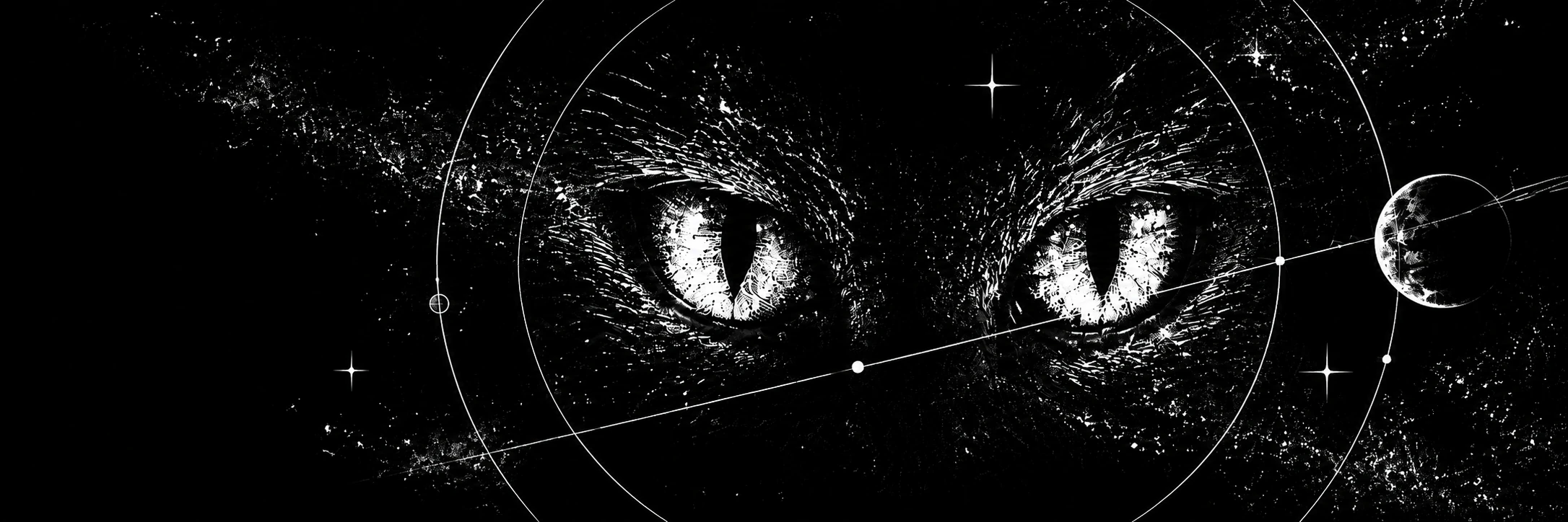 Watchful feline eyes revealed in fractured white etching, crossed by silver orbital paths
